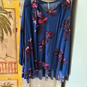 Free People Royal Blue Floral Tunic with Pink & Brown Accents